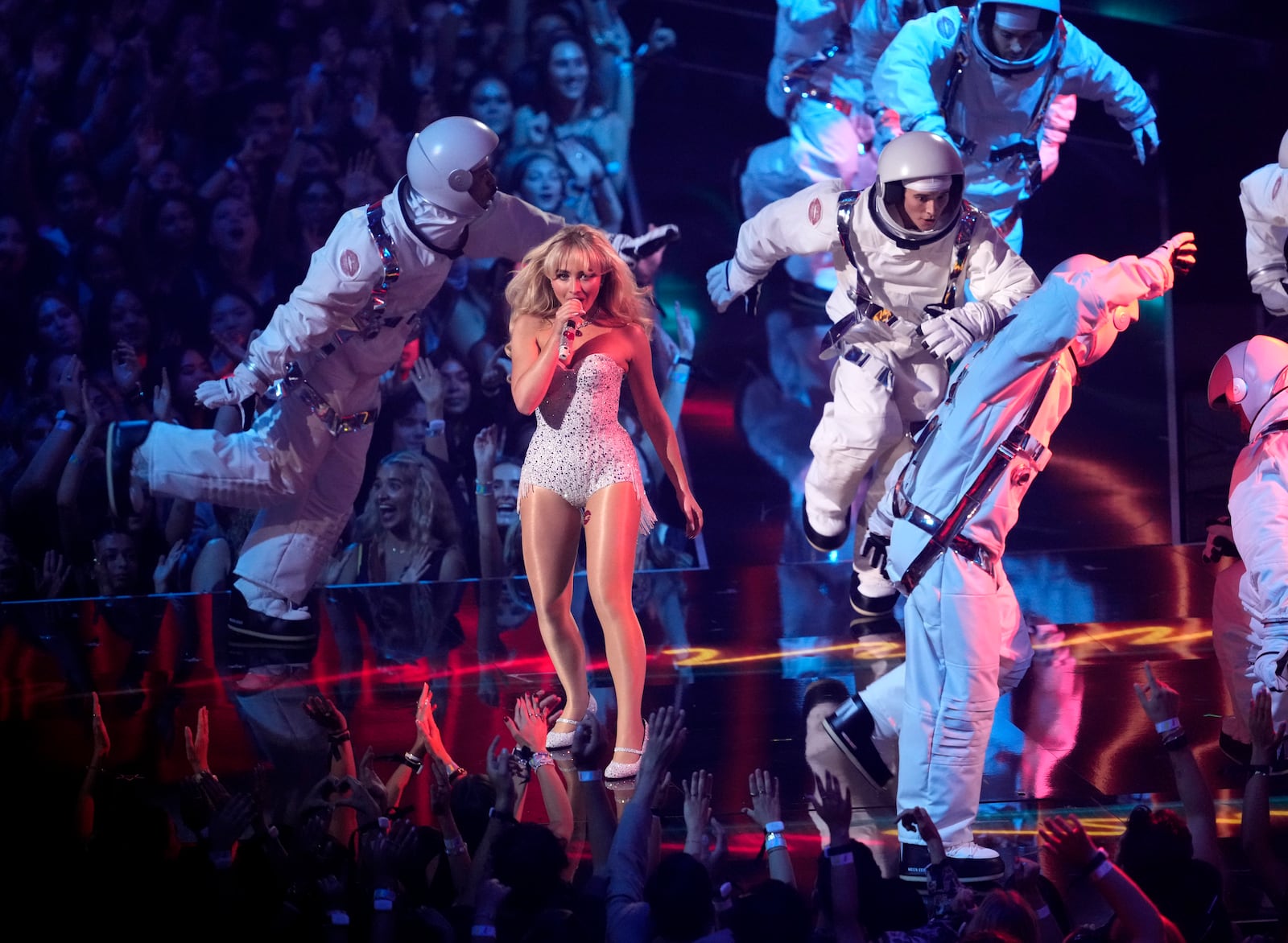 Sabrina Carpenter performs "Espresso" during the MTV Video Music Awards on Wednesday, Sept. 11, 2024, at UBS Arena in Elmont, N.Y. (Photo by Charles Sykes/Invision/AP)