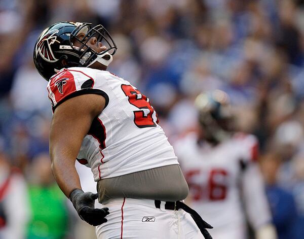 Corey Peters of the Falcons reacts after sacking Curtis Painter of the Colts during the first half of an NFL football game Sunday, Nov. 6, 2011, in Indianapolis. (AP Photo/Matt Slocum)