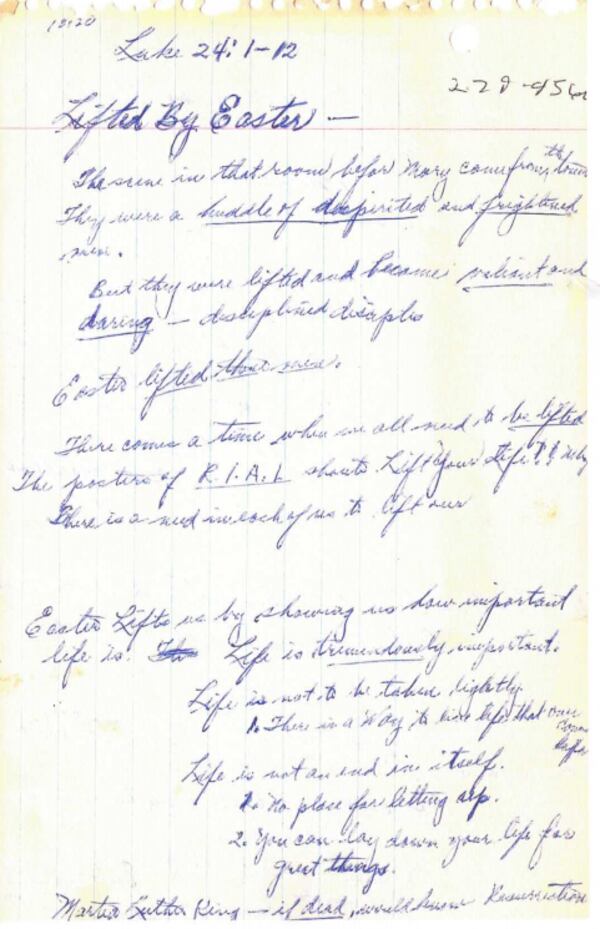 These handwritten notes are from an Easter sermon delivered by the late C.T. Vivian.