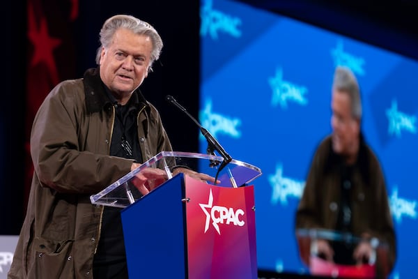 Steve Bannon speaks at the Conservative Political Action Conference, CPAC, at the Gaylord National Resort & Convention Center, Thursday, Feb. 20, 2025, in Oxon Hill, Md. (AP Photo/Jose Luis Magana)