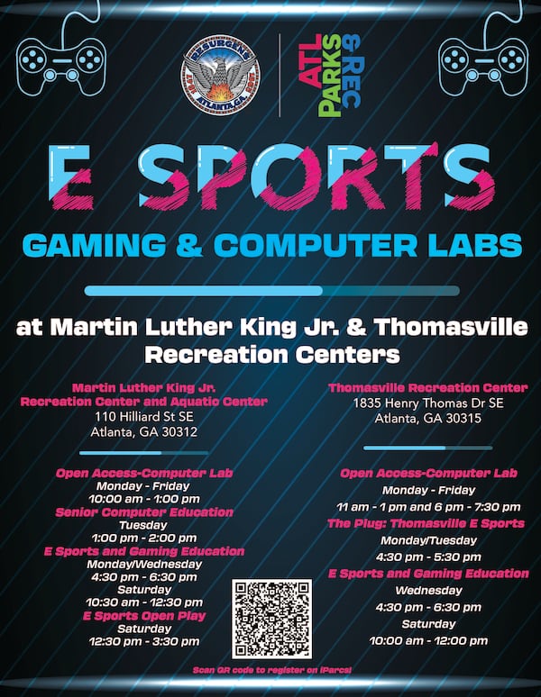 The open hours for the MLK and Thomasville Recreation Centers' esports labs. (Courtesy of the city of Atlanta Department of Parks and Recreation)