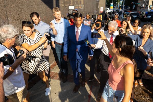 Former Lt. Gov. Geoff Duncan speaks to reporters after testifying at Fulton County Courthouse in Atlanta on Monday, August 14, 2023. Fulton prosecutors are presenting their election interference case against former President Donald Trump and others to a grand jury. (Arvin Temkar / arvin.temkar@ajc.com)