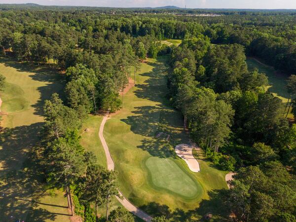 Aerial view of the second hole from the green at Cobblestone Golf Course in Acworth. (Hyosub Shin / Hyosub.Shin@ajc.com)