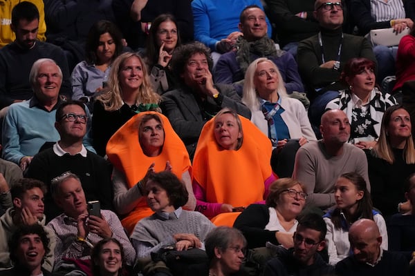 Supporters of Italy's Jannik Sinner cheers during the singles tennis match of the ATP World Tour Finals between Australia's Alex de Minaur and Italy's Jannik Sinner, at the Inalpi Arena, in Turin, Italy, Sunday, Nov. 10, 2024. (AP Photo/Antonio Calanni)