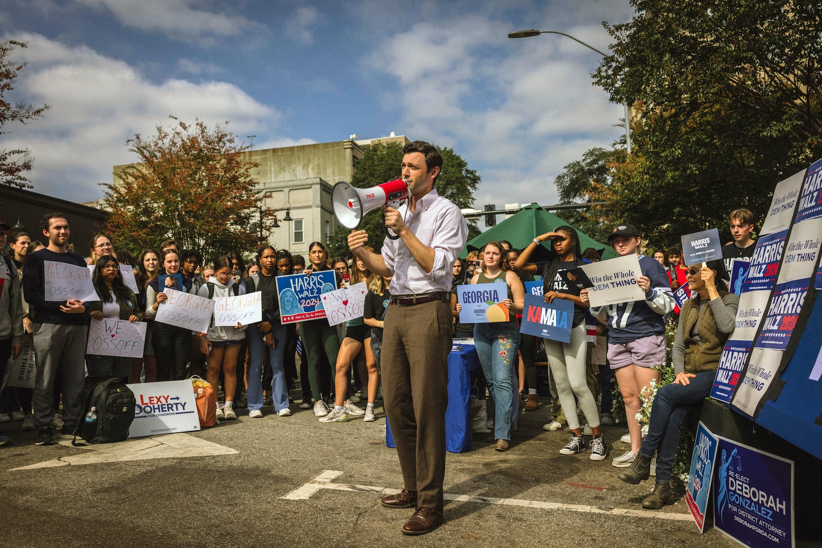 
                        FILE — Sen. Jon Ossoff (D-Ga.) speaks at a Get Out the Vote Rally in Athens, Ga., on Oct. 28, 2024. Elected less than four years ago, Ossoff and Sen. Raphael Warnock (D-N.Y.) have become a Southern battleground’s star campaigners. (Audra Melton/The New York Times)
                      