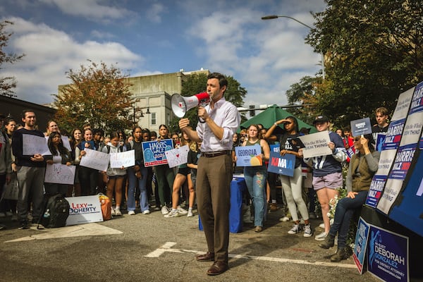 
                        FILE — Sen. Jon Ossoff (D-Ga.) speaks at a Get Out the Vote Rally in Athens, Ga., on Oct. 28, 2024. Elected less than four years ago, Ossoff and Sen. Raphael Warnock (D-N.Y.) have become a Southern battleground’s star campaigners. (Audra Melton/The New York Times)
                      