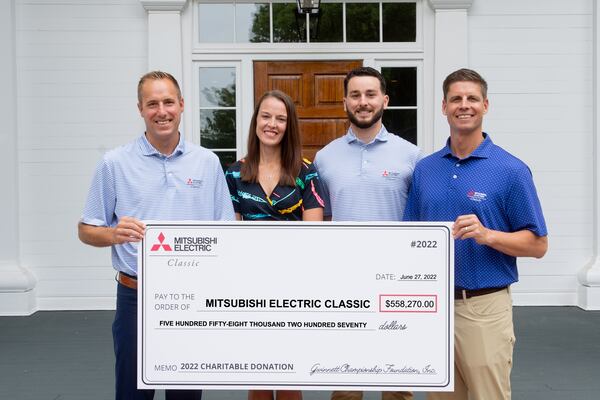 The 2022 Mitsubishi Electric Classic brought in $558,270 for Children’s Healthcare of Atlanta, the Special Needs Schools of Gwinnett and other local charities. (L-R) Executive director Monte Ortel, tournament director Ashley Hamilton, manager corporate partnerships Jeff Cadran and director of business development Bill Marriott.