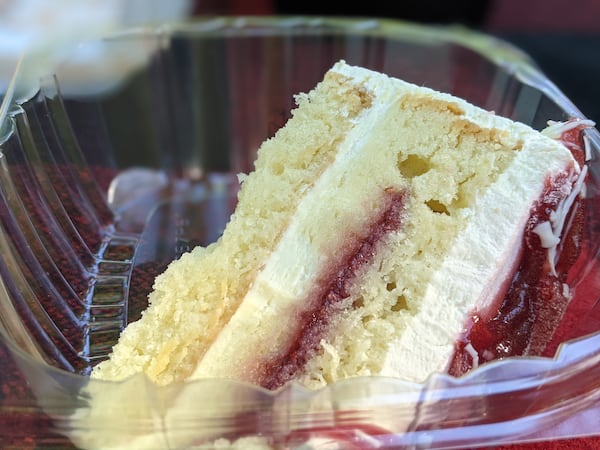 Desserts at Tuscany at Your Table are made fresh daily. Pictured is a slice of raspberry lemoncello cake. Courtesy of Paula Pontes