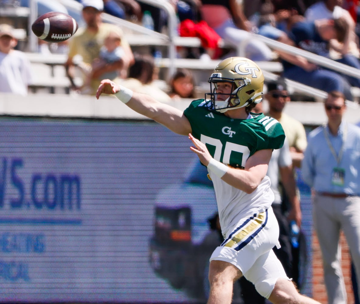 Georgia Tech quarterback Colson Brown (22) throws on the run during the Spring White and Gold game at Bobby Dodd Stadium at Hyundai Field In Atlanta on Saturday, April 13, 2024.   (Bob Andres for the Atlanta Journal Constitution)