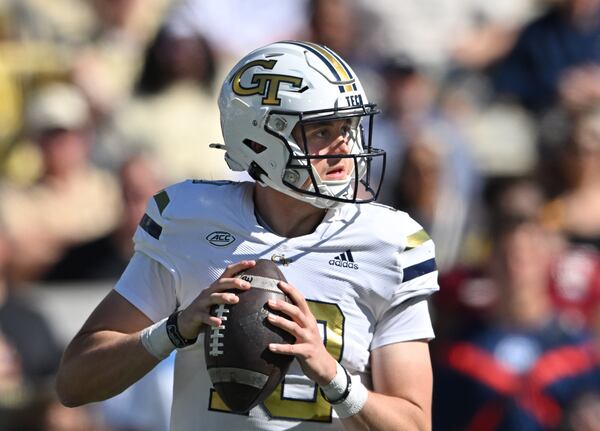 Georgia Tech quarterback Haynes King (10) prepares to pass during the second half of an NCAA college football game at Georgia Tech's Bobby Dodd Stadium, Saturday, October 21, 2023, in Atlanta. Boston College won 38-23 over Georgia Tech. (Hyosub Shin / Hyosub.Shin@ajc.com)