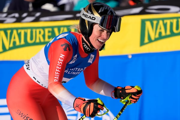 Switzerland's Lara Gut-Behrami reacts after competing in the women's World Cup downhill skiing race, Saturday, Dec. 14, 2024, in Beaver Creek, Colo. (AP Photo/Robert F. Bukaty)