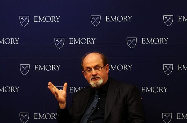 Novelist Sir Salman Rushdie speaks to the press at Emory University on Feb 23 about the opening of his literary archive exhibit at the school.