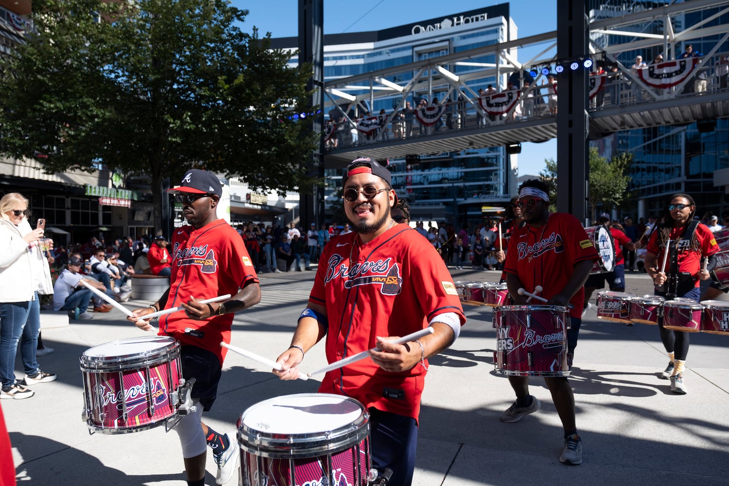 The Heavy Hitters entertain fans at the Battery before game one of the National League Division Series in Atlanta on Saturday, Oct. 7, 2023.   (Ben Gray / Ben@BenGray.com)