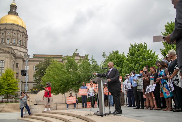 Bishop Reginald T. Jackson makes remarks during a voting rights prayer and protest rally at Liberty Plaza in downtown Atlanta on June 8, 2021. Faith leaders gathered near the Georgia State Capitol to protest and pray for Georgia and other state’s new voting law. (Alyssa Pointer / Alyssa.Pointer@ajc.com)