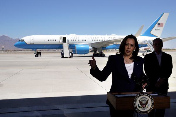 U.S. Vice President Kamala Harris speaks to the media at El Paso International Airport in Texas after visiting the border on June 25, 2021.  (Yuri Gripas/Abaca Press/TNS)