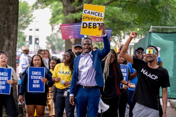 FILE - People demonstrate in Lafayette Park across from the White House in Washington, Friday, June 30, 2023, after a sharply divided Supreme Court has ruled that the Biden administration overstepped its authority in trying to cancel or reduce student loan debts for millions of Americans. (AP Photo/Andrew Harnik, File)