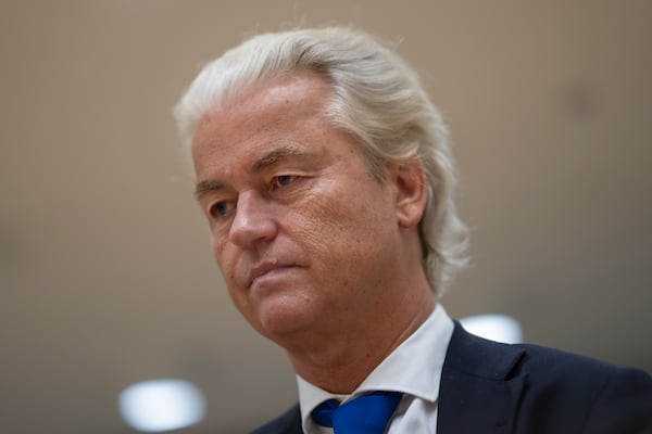 FILE - Anti-Islam lawmaker Geert Wilders, takes his seat at the high security court at Schiphol, near Amsterdam, Netherlands, Monday, Sept. 9, 2024. (AP Photo/Peter Dejong, File)