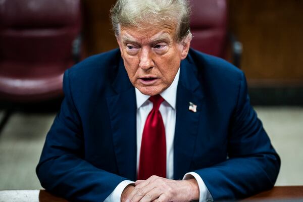 Former U.S. President Donald Trump appears ahead of the start of jury selection at Manhattan Criminal Court.