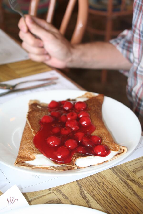 Icelandic pancakes, served at the Norwegian-Icelandic run Sunset Resort, are filled with frothy yogurt cream sauce and cherries, a Door County staple. (Lauren Viera/Chicago Tribune/TNS)