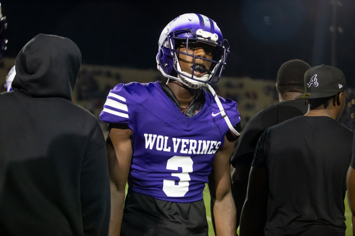 Miller Grove's Cayman Spalding (3) reacts after catching an interception during a GHSA high school football game between Stephenson High School and Miller Grove High School at James R. Hallford Stadium in Clarkston, GA., on Friday, Oct. 8, 2021. (Photo/Jenn Finch)