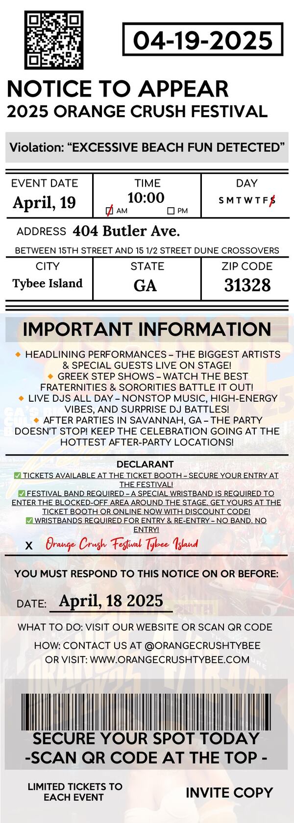 Orange Crush organizers posted this faux police citation advertising their event to social media on Thursday. Tybee officials issued a special use permit for the beach party on Wednesday. (Courtesy of OrangeCrushTybee.com)