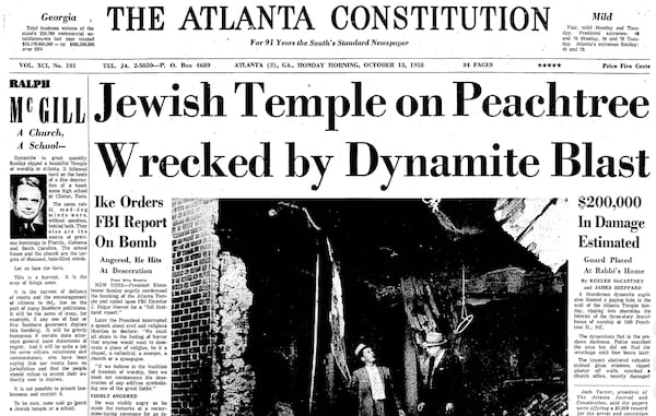 Ralph McGill's column about the bombing of The Temple appeared the day following the October 1958 attack. It was on the front page of The Atlanta Constitutiion alongside coverage of the bombing. (AJC archives)