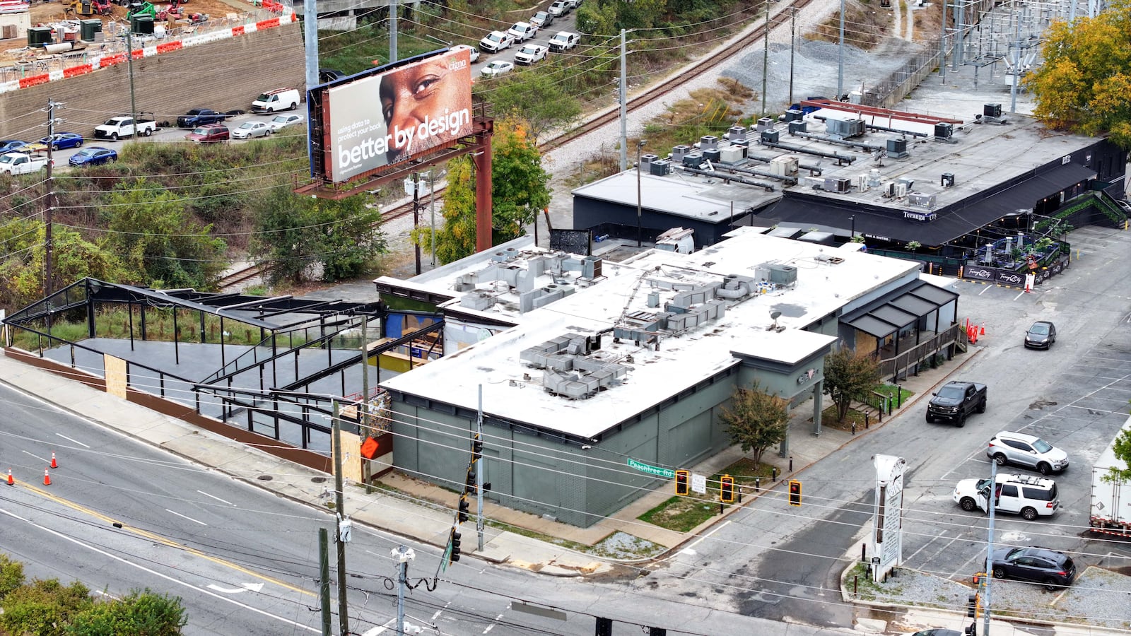 The Elleven45 Lounge (gray building in foreground) as seen from above on Thursday.