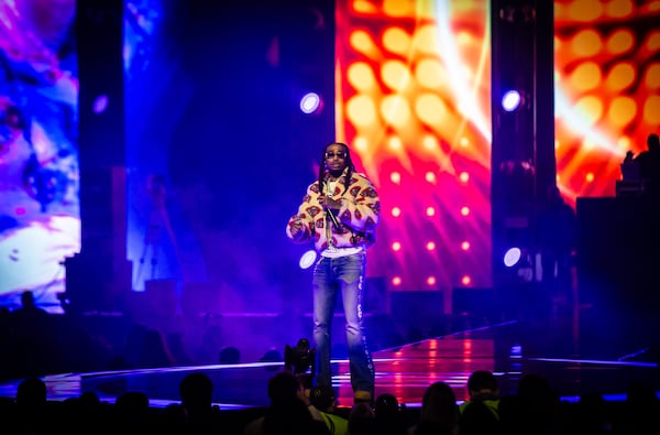 Quavo filled in for an absent Muni Long on Night 1 of AT&T Playoff Playlist Live! on Saturday, Jan. 18, 2025, at State Farm Arena in Atlanta. (Ryan Fleisher for the AJC)