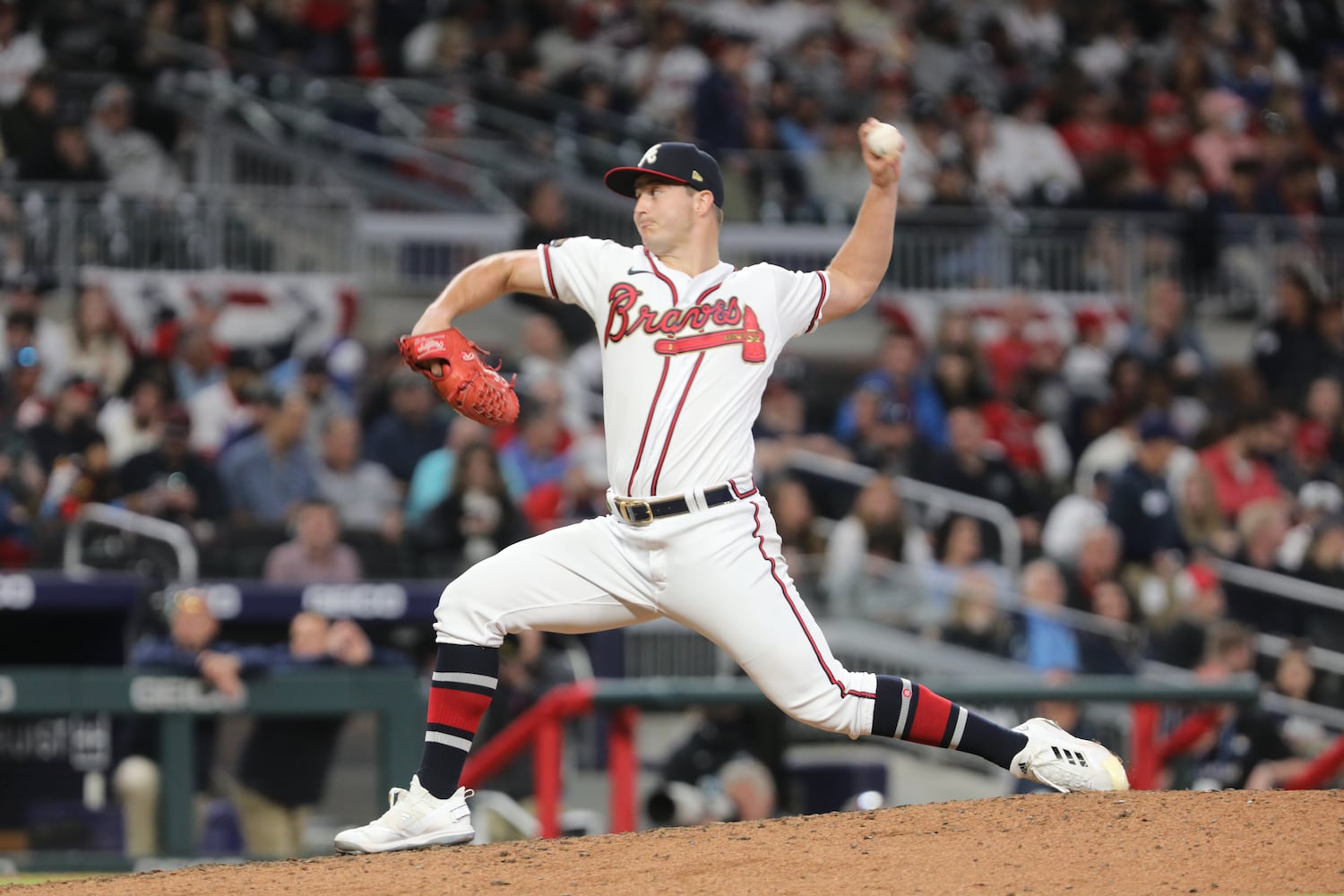 Braves reliever Tucker Davidson delivers against the Nationals on Monday night at Truist Park. (Miguel Martinez/miguel.martinezjimenez@ajc.com)