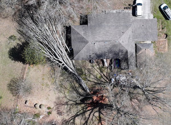 Aerial photo shows the aftermath of a storm in Dallas, Sunday, March 16, 2025. National Weather Service teams will be conducting a damage survey in the Paulding County/Dallas area, which sustained “pretty significant” damage from the storms, NWS Senior Meteorologist Dylan Lusk told The Atlanta Journal-Constitution on Sunday morning. (Hyosub Shin / AJC)