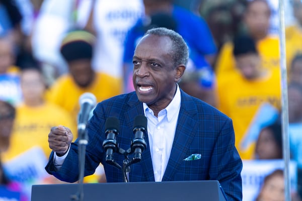 Dekalb County CEO Michael Thurmond speaks before Democratic presidential nominee Vice President Kamala Harris’ rally at James R. Hallford Stadium in Clarkston on Thursday, Oct. 24, 2024. Thurmond was the first Black Georgian elected statewide without prior appointment when he won the first of three terms as labor commissioner in 1998. (Arvin Temkar/AJC)