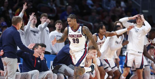 Gonzaga guard Khalif Battle (99) celebrates after a 3-point basket against Georgia during the second half in the first round of the NCAA college basketball tournament, Thursday, March 20, 2025, in Wichita, Kan. (AP Photo/Travis Heying)