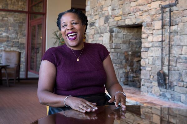 Novelist Tayari Jones talks about her newest novel “An American Marriage” inside the lobby of the Emory University Conference Center Hotel. ALYSSA POINTER/ALYSSA.POINTER@AJC.COM