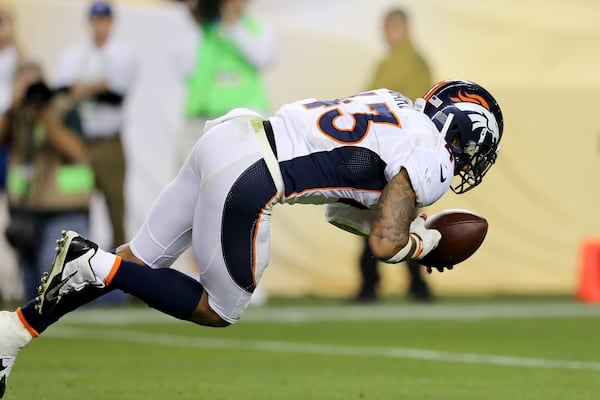 Denver Broncos T.J. Ward #43 intercepts a pass against the Carolina Panthers during the NFL Super Bowl 50 football game Sunday, Feb. 7, 2016, in Santa Clara, Calif. (AP Photo/Gregory Payan)