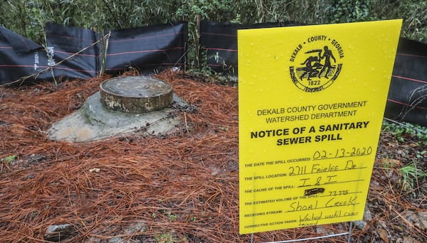 Sewage spill notifications were posted on Thursday at Nancy Creek at 4148 Tilly Milly Road at Bernard Halpern Park in Doraville where sewage overflows occurred. A sewer spill last week sent more than 9 million gallons into Snapfinger Creek. It was the largest spill in a decade. JOHN SPINK/JSPINK@AJC.COM