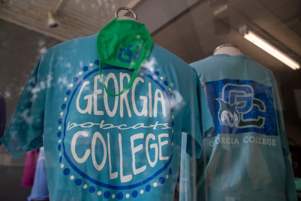 08/21/2020 - Milledgeville, Georgia - A store in Downtown  Milledgeville sells Georgia College and State University t-shirts and face masks in Milledgeville, Friday, August 21, 2020.  (ALYSSA POINTER / ALYSSA.POINTER@AJC.COM)