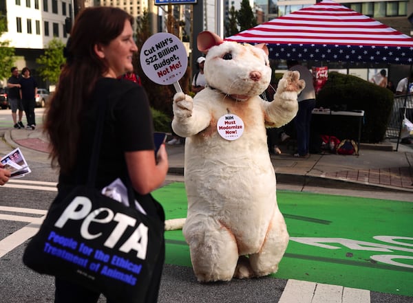 A PETA protester in a mouse costume waves to demonstrators in Midtown.