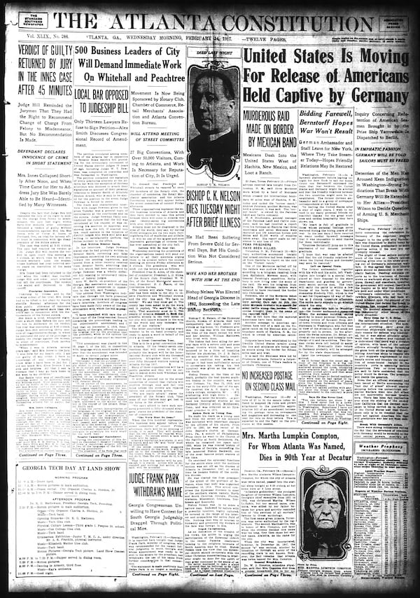 The Atlanta Constitution front page on Feb. 14, 1917.