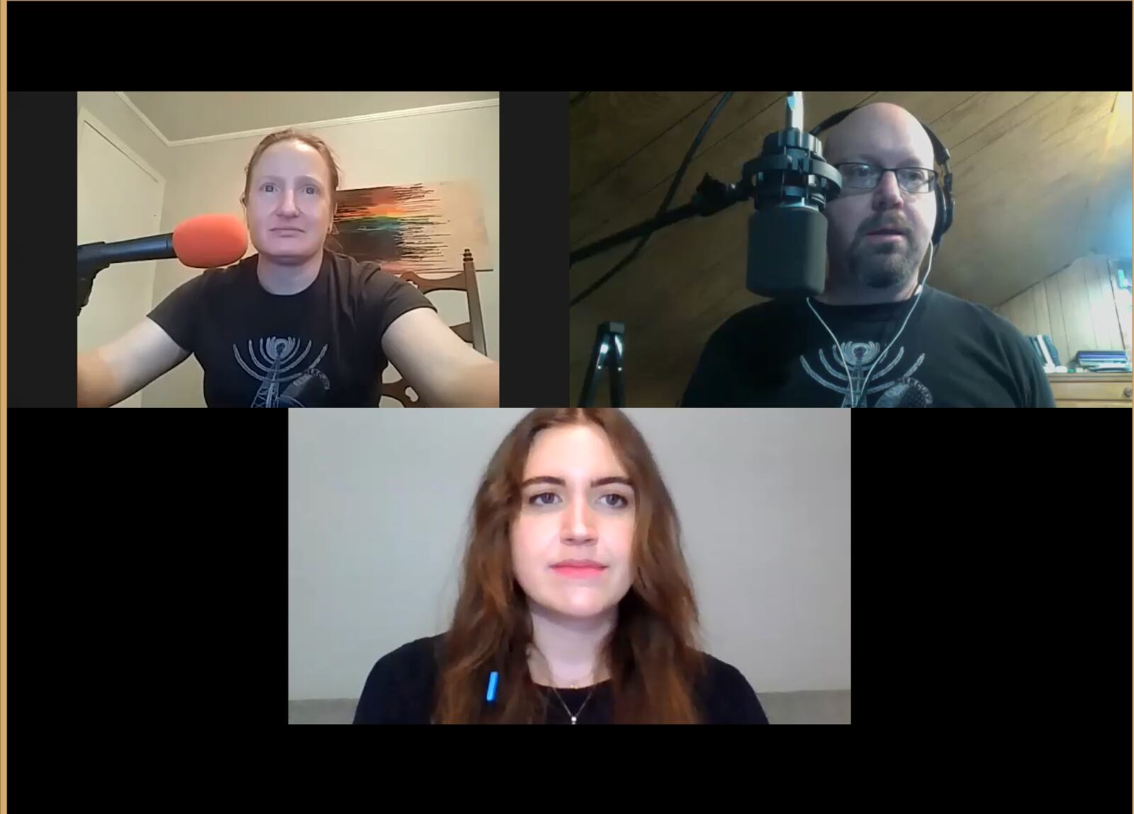 Diana Lancaster (from top left), David Benedict and Lyssa Hoganson record the podcast “Mercury” via Skype. 
Courtesy of David Benedict