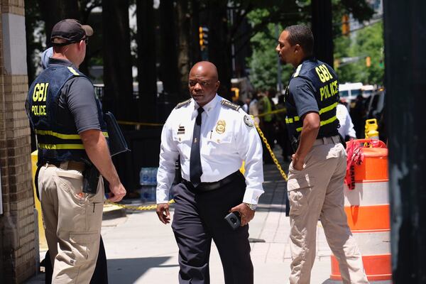 6/30/21 - ATLANTA, GA - Several streets were closed in Midtown Atlanta after a police officer was shot at an apartment building on June 30.  The officer was shot at the Solace on Peachtree Apartments in the 700 block of Peachtree, one block north of the iconic Fox Theatre.   Ben Gray for the Atlanta Journal-Constitution