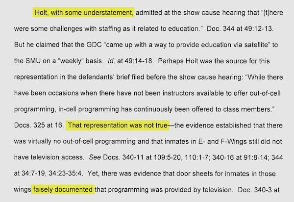 U.S. District Judge Marc T. Treadwell, in a contempt order issued in April, expressed frustration over misrepresentations by GDC Assistant Commissioner Ahmed Holt and false documentation by the agency.