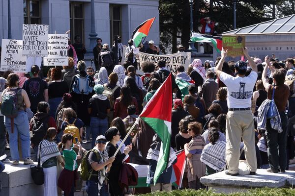 Protesters march on campus against the arrest of Mahmoud Khalil at UC Berkeley on Tuesday, March 11, 2025, in Berkeley, Calif. (Santiago Mejia/San Francisco Chronicle via AP)