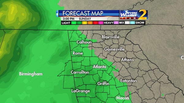 There is a 70 percent chance of showers Sunday in Atlanta. (Credit: Channel 2 Action News)