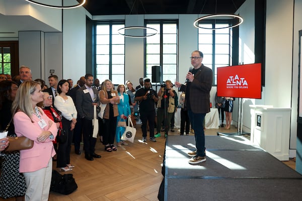 Metro Atlanta Chamber Chief Innovation and Marketing Officer Alex Gonzalez speaks during the unveiling of the new marketing campaign, “Where You Belong,” at the St. Regis Hotel, Monday, April 22, 2024, in Atlanta. (Jason Getz / AJC)
