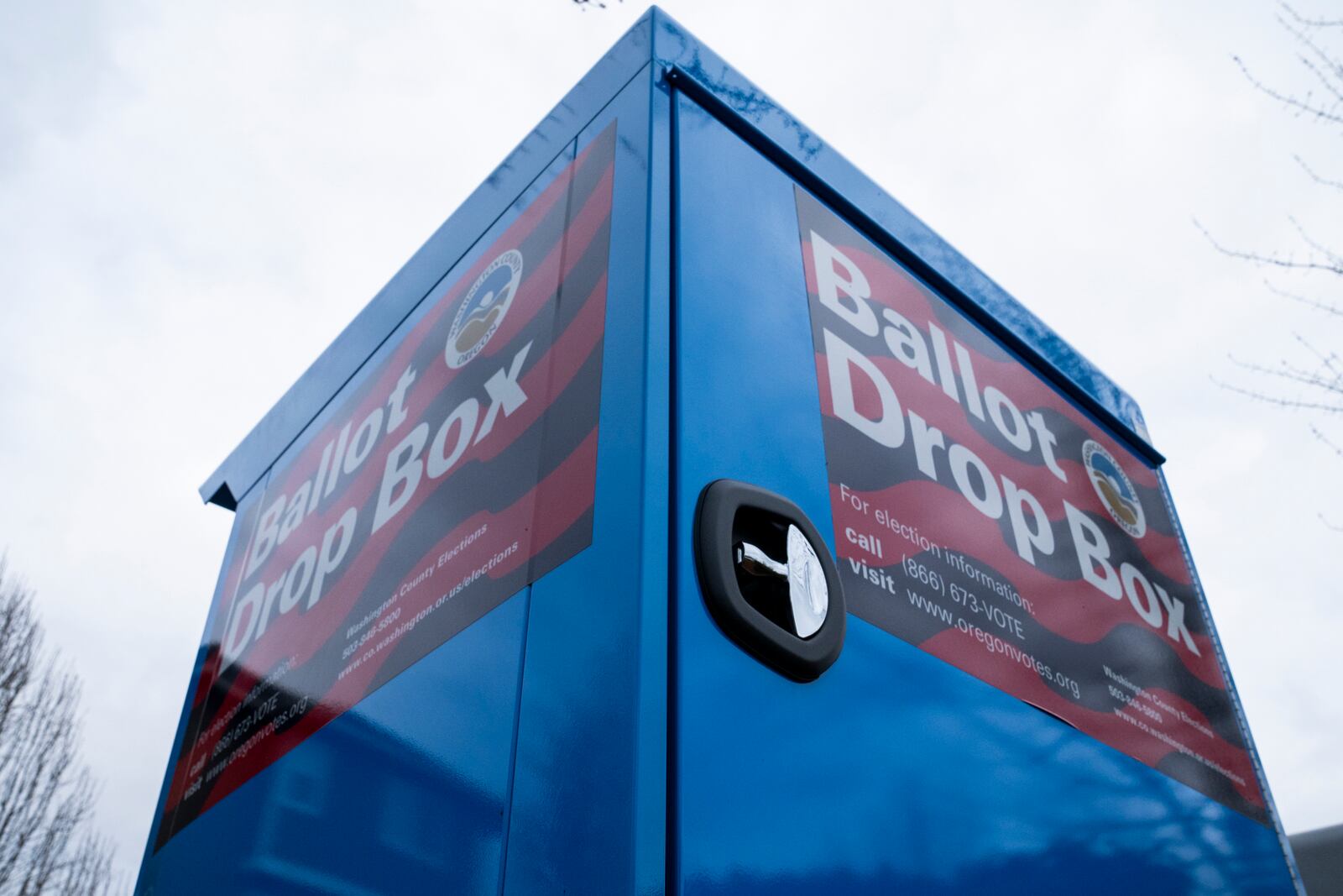 A ballot drop box is seen, Wednesday, March 6, 2024, in Sherwood, Ore. (AP Photo/Jenny Kane)