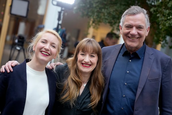 From left, Ines Schwerdtner, co-leader of the Left Party (Die Linke), Heidi Reichinnek, member of the German federal parliament and member of the Left Party (Die Linke) and Jan van Aken, co-leader of the Left Party (Die Linke) arrive for a press conference in Berlin, Germany, Monday, Feb. 24, 2025, the day after the national election. (AP Photo/Michael Probst)