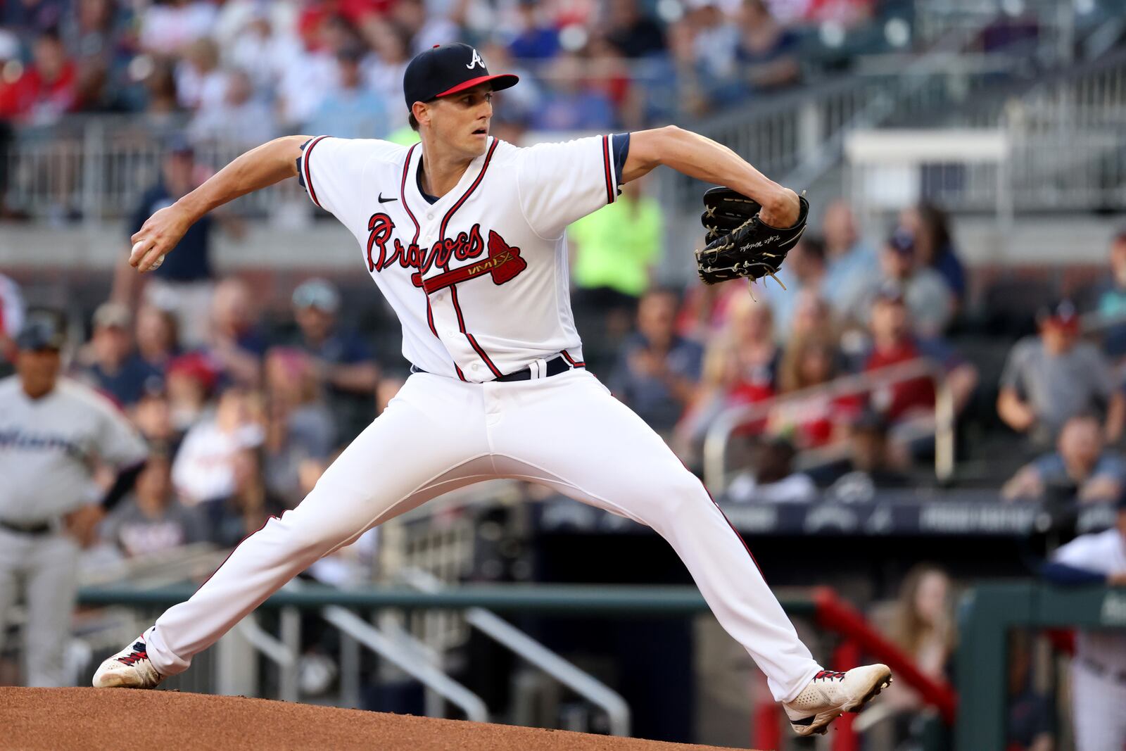 Braves starting pitcher Kyle Wright delivers against a Miami Marlins batter during the first inning at Truist Park Friday, April 22, 2022, in Atlanta. (Jason Getz / Jason.Getz@ajc.com)