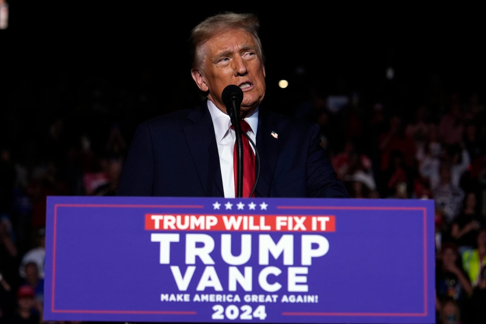 Republican presidential nominee former President Donald Trump speaks during a campaign rally at Lee's Family Forum, Thursday, Oct. 31, 2024, in Henderson, Nev. (AP Photo/Julia Demaree Nikhinson)