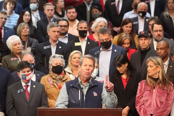 Gov. Brian Kemp speaks at a press conference at the Capitol on Saturday, April 3, 2021, as he and his supporters blast Major League Baseball's decision to move the All-Star game from Georgia over the state's new voting law. (Photo: Steve Schaefer for The Atlanta Journal-Constitution)