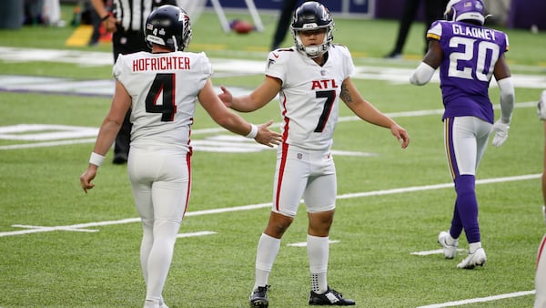 Atlanta Falcons kicker Younghoe Koo (7) celebrates his 21-yard field goal with Sterling Hofrichter (4) against the Minnesota Vikings, Sunday, Oct. 18, 2020, in Minneapolis. (Bruce Kluckhohn/AP)